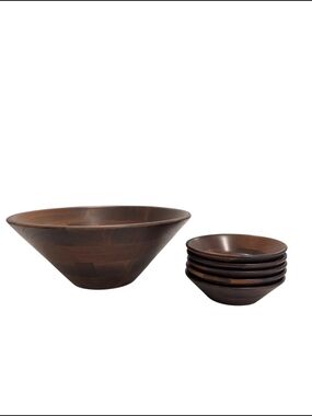 Vintage Vermillion Solid American Walnut Salad Bowl Set MCM Serving Bowl 6 Bowls